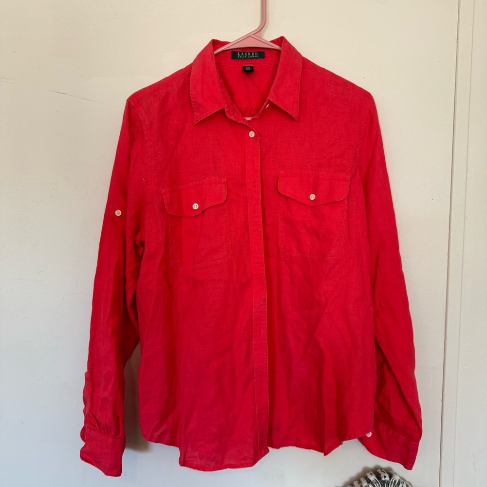 Lauren Ralph Lauren pink linen button front pocket roll sleeve top size large